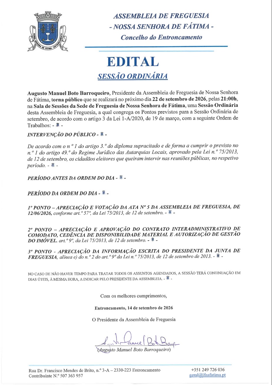 Edital Junta de Freguesia de Nossa Sra. de Fátima - Sessão Ordinária